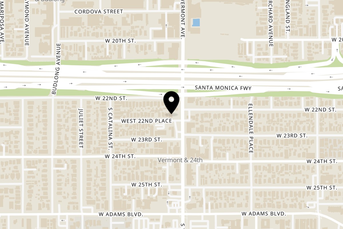 Map showing the location of Caveman Kitchen on 2215 Vermont Ave #101, 102 in Los Angeles